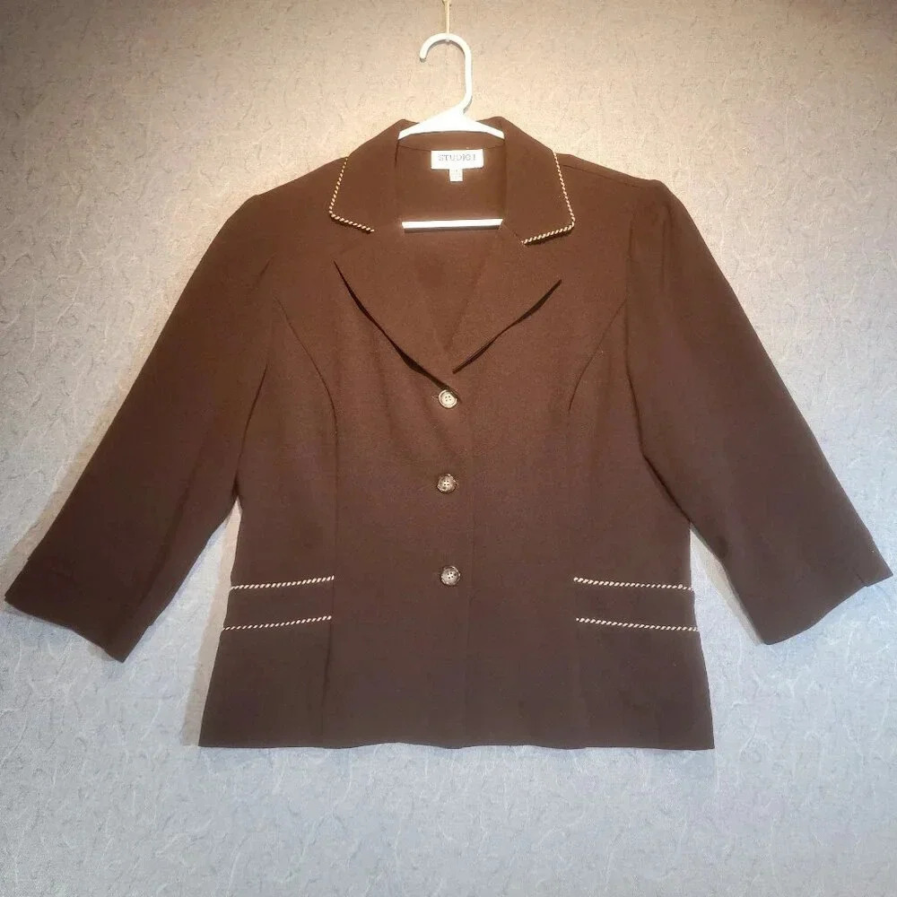 Studio I Women's Long Sleeve Black w/White Trim Blazer Size 14